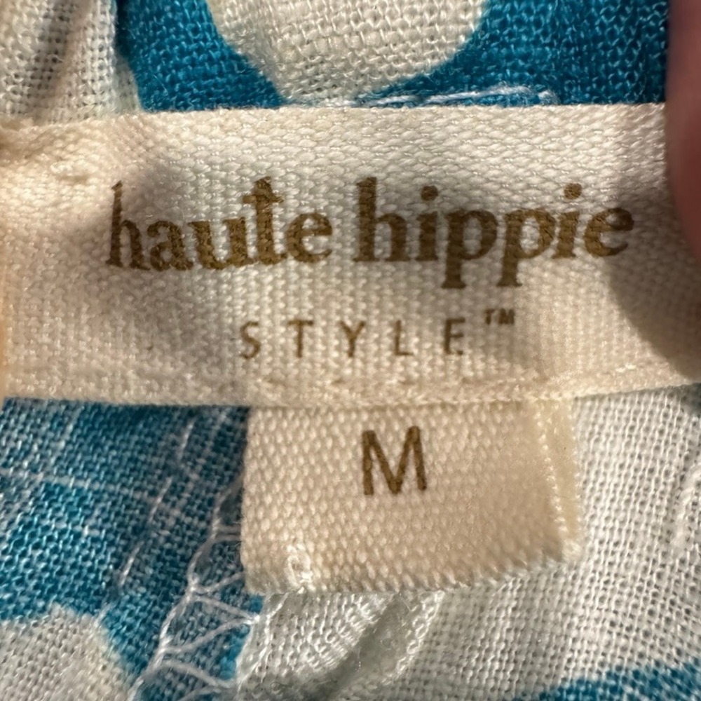 Haute Hippie Style Linen Blend Wide Leg Tribal Print Pants Teal White Medium - Picture 3 of 8